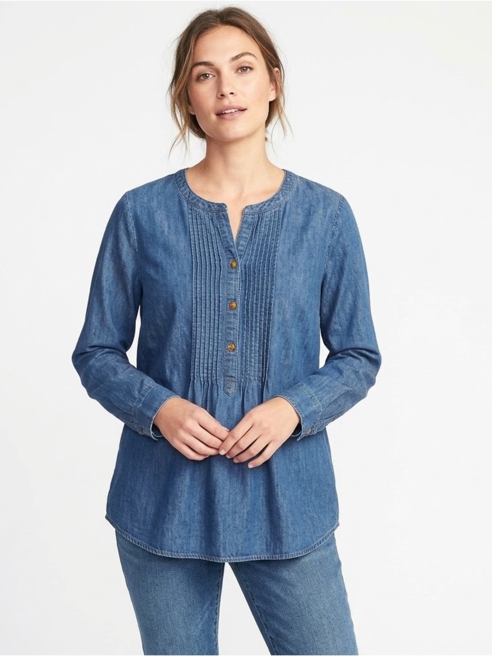 J. Jill Indigo Denim Pintuck Button-Front Tunic blouse Large